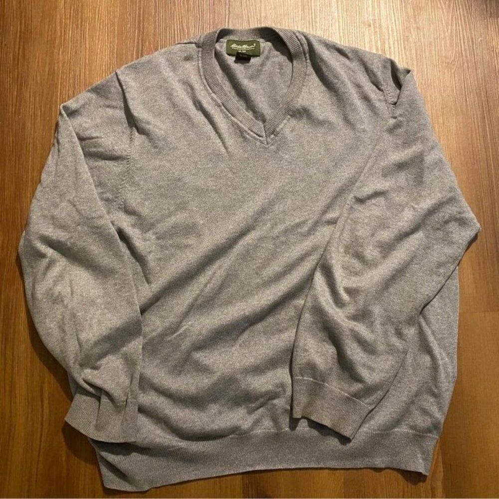 Eddie Bauer Mens Pullover Sweater tan Crew Neck Cotton Long Sleeve v-neck